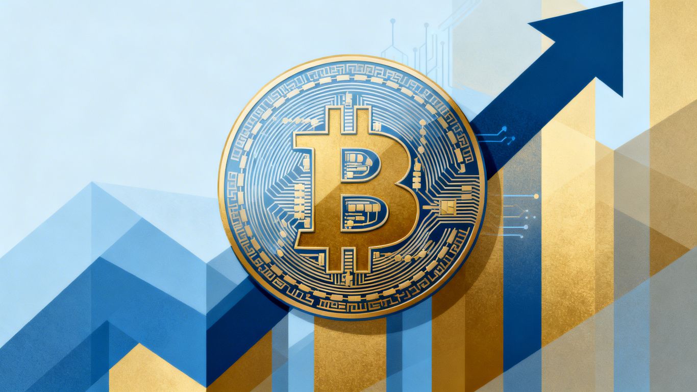 Bitcoin-Logo mit digitalen Schaltkreisen und Wachstumssymbolen.