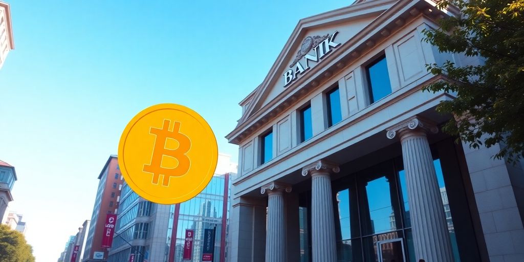 Moderne Bank mit Bitcoin-Logo im Vordergrund.