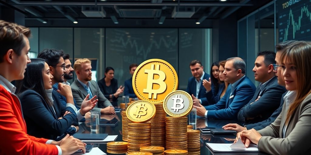 Diverse group discussing stablecoins in a modern setting.
