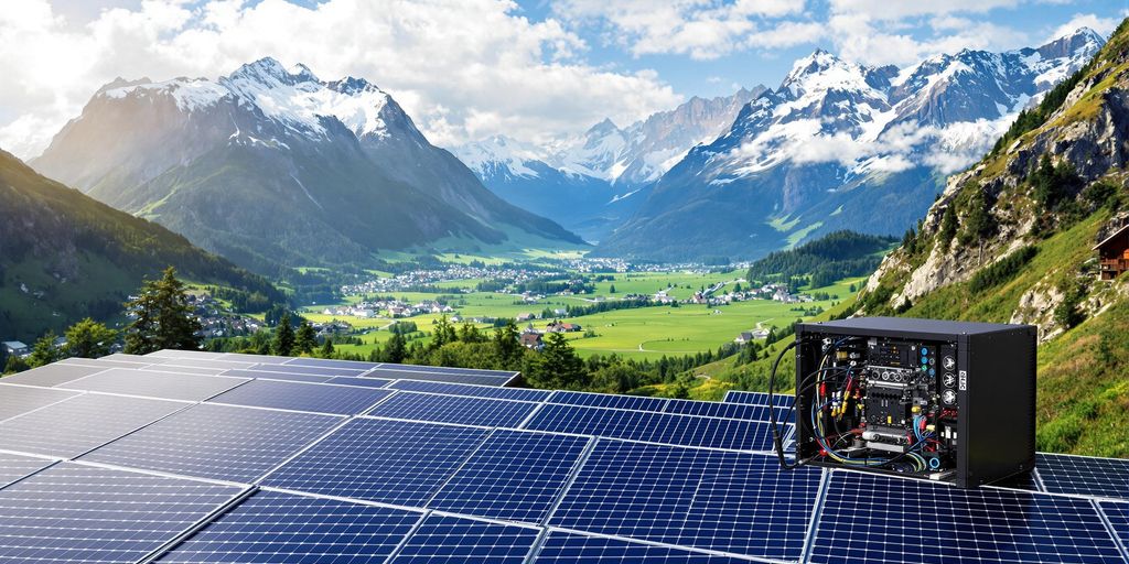 Schweizer Alpen mit Solarpanel und Bitcoin-Mining-Rig.