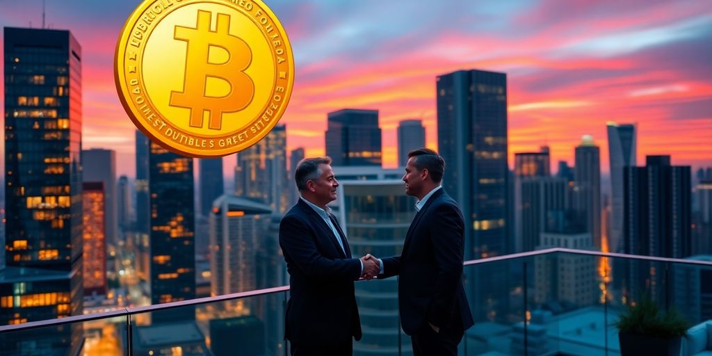 Zwei Geschäftsleute schütteln sich die Hand vor großer goldener Bitcoin-Münze