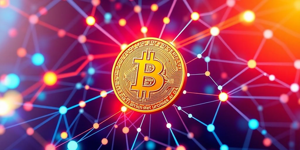 Bitcoin-Münze im digitalen Netzwerk
