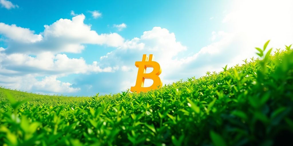 Bitcoin-Symbol in einer grünen Landschaft mit blauem Himmel.