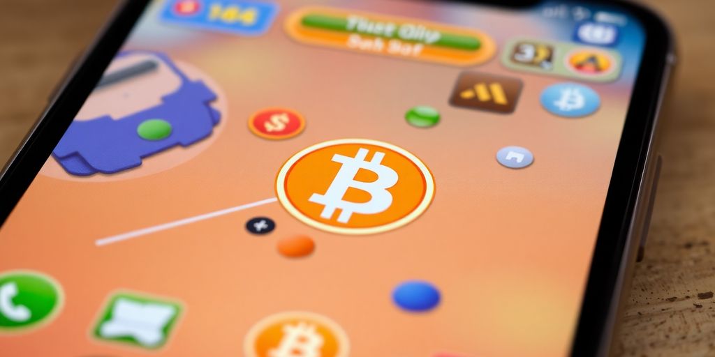 Apple und Bitcoin-Symbol auf einem iPhone-Display.