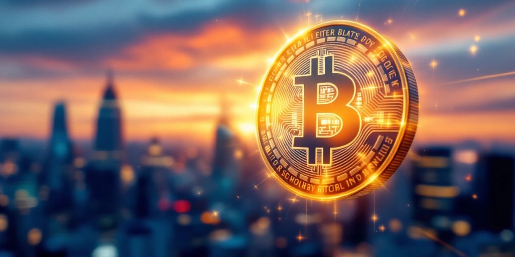 Nahaufnahme einer Bitcoin-Münze mit leuchtendem Hintergrund.