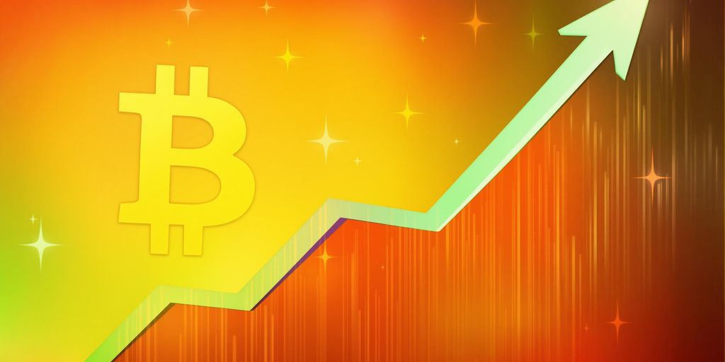 Bitcoin logo with vibrant colors indicating market surge.
