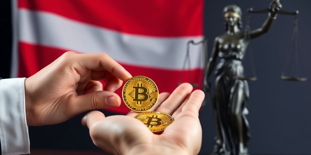 Bitcoin-Münze, Hände, österreichische Flagge, Justitia