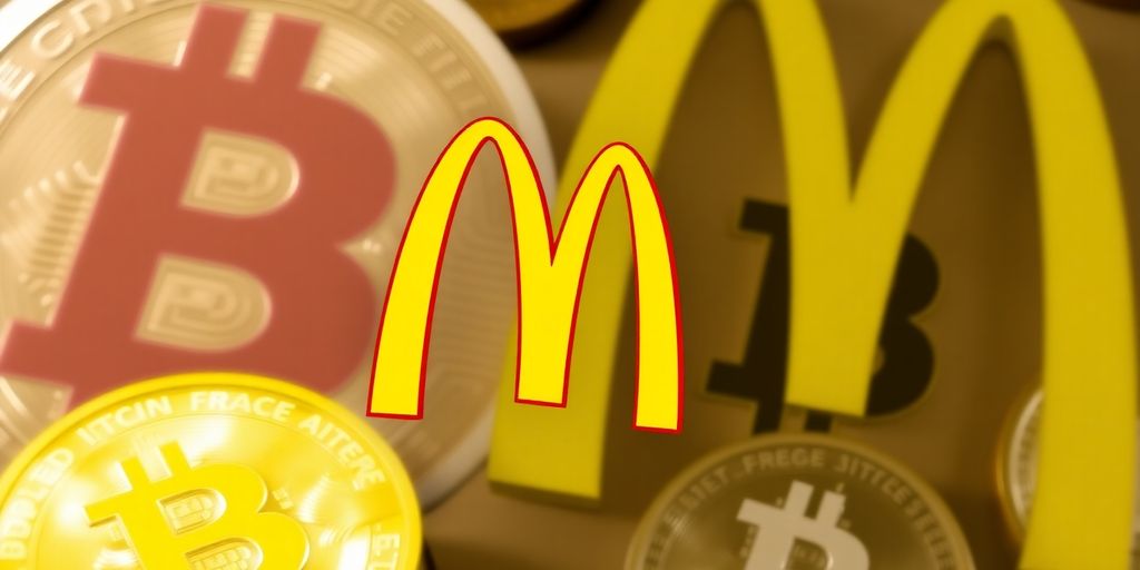 McDonald's Logo mit Bitcoin-Symbolen im Hintergrund.