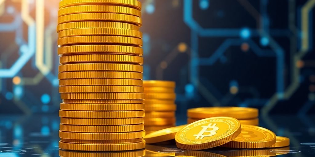 Bitcoin Münzen auf einem digitalen Hintergrund.