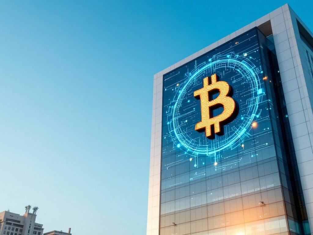 Moderne Finanzgebäude mit Bitcoin-Logo in Bahrain.