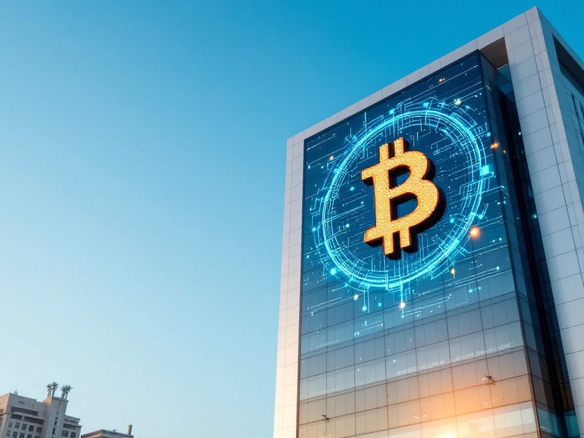 Moderne Finanzgebäude mit Bitcoin-Logo in Bahrain.