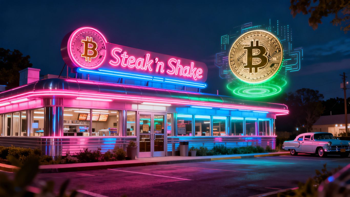 Steak 'n Shake Diner mit Bitcoin-Logo und Bitcoin-Münze