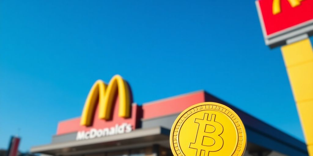 McDonald's Restaurant mit Bitcoin-Symbol und blauen Himmel.