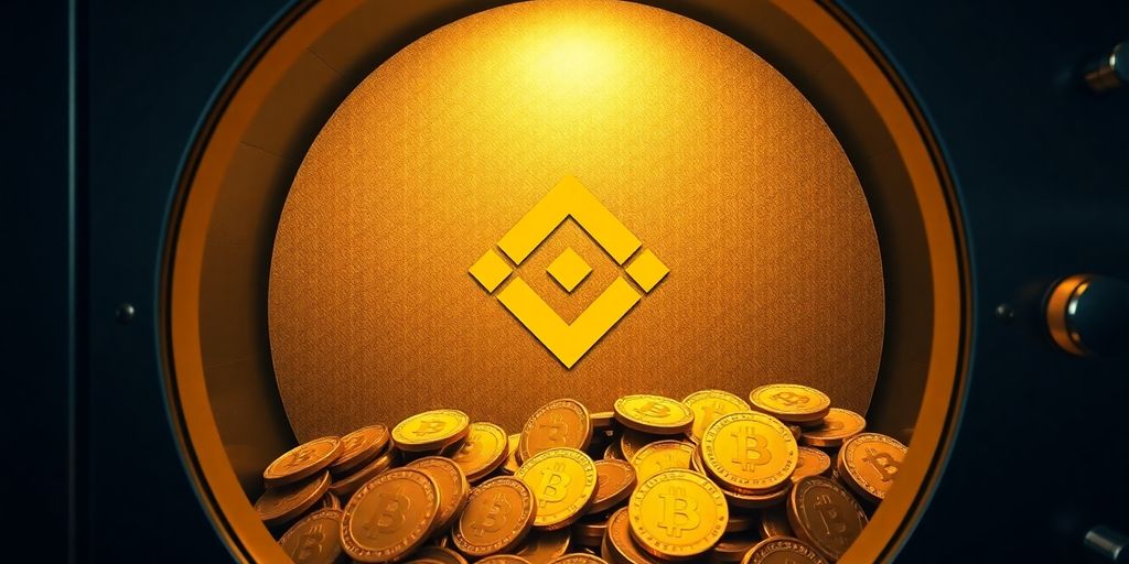 Binance-Logo neben Bitcoin-Symbolen und Regierungsgebäuden.