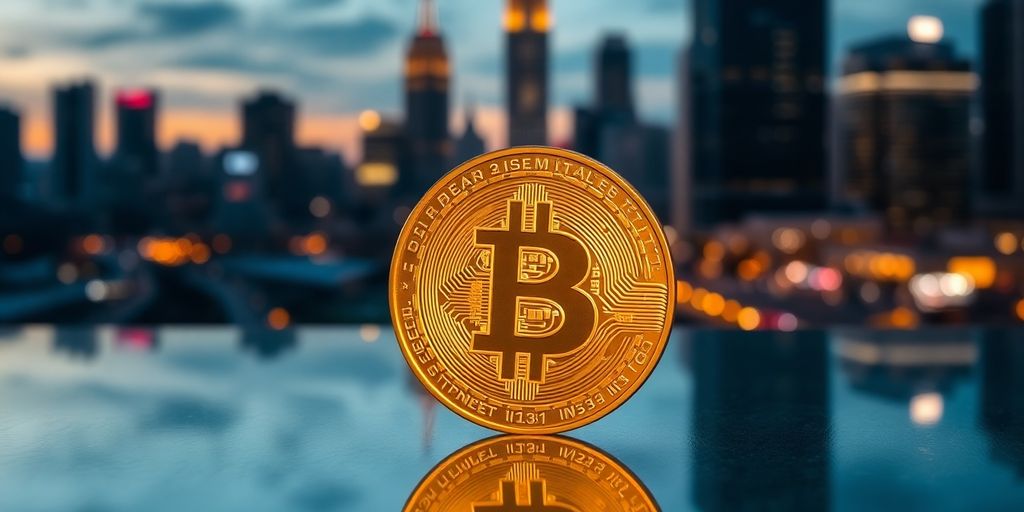 Nahaufnahme einer Bitcoin-Münze auf einem Tisch.