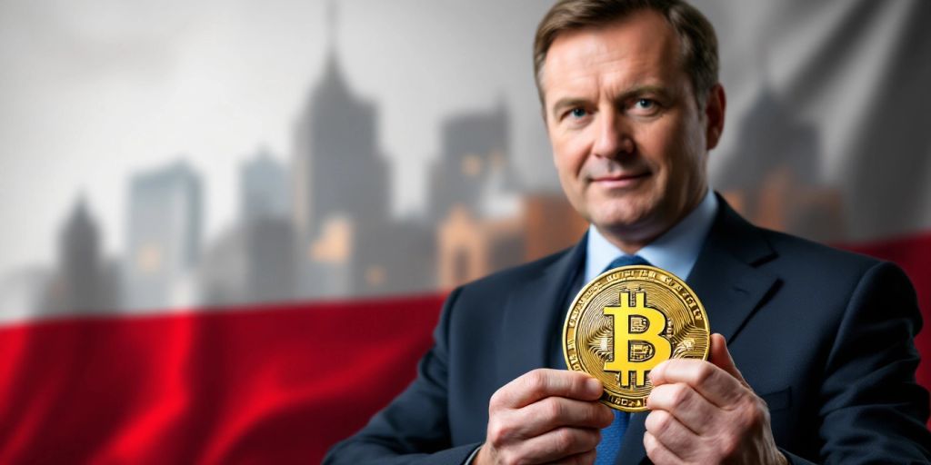 Polnischer Präsidentschaftskandidat mit Bitcoin-Münze vor Flagge.