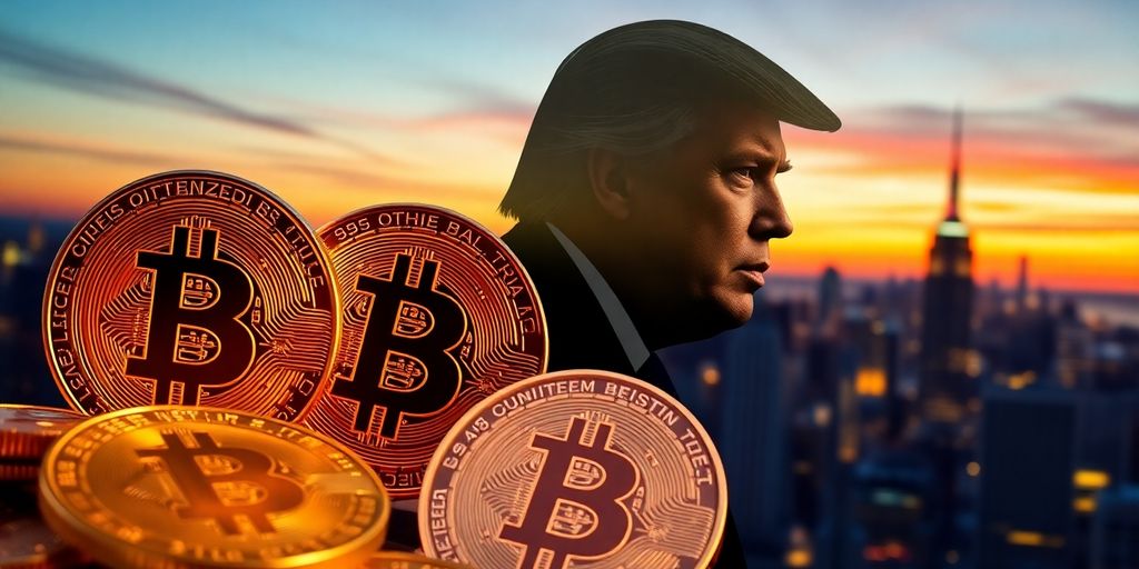 Bitcoin-Münzen und Silhouette von Donald Trump.