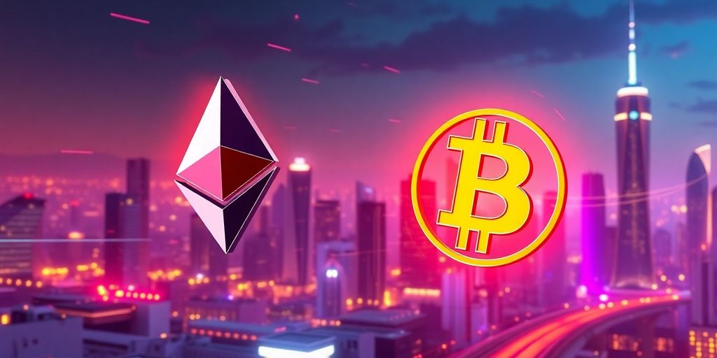 Bitcoin und Ethereum Symbole vor einer futuristischen Skyline.