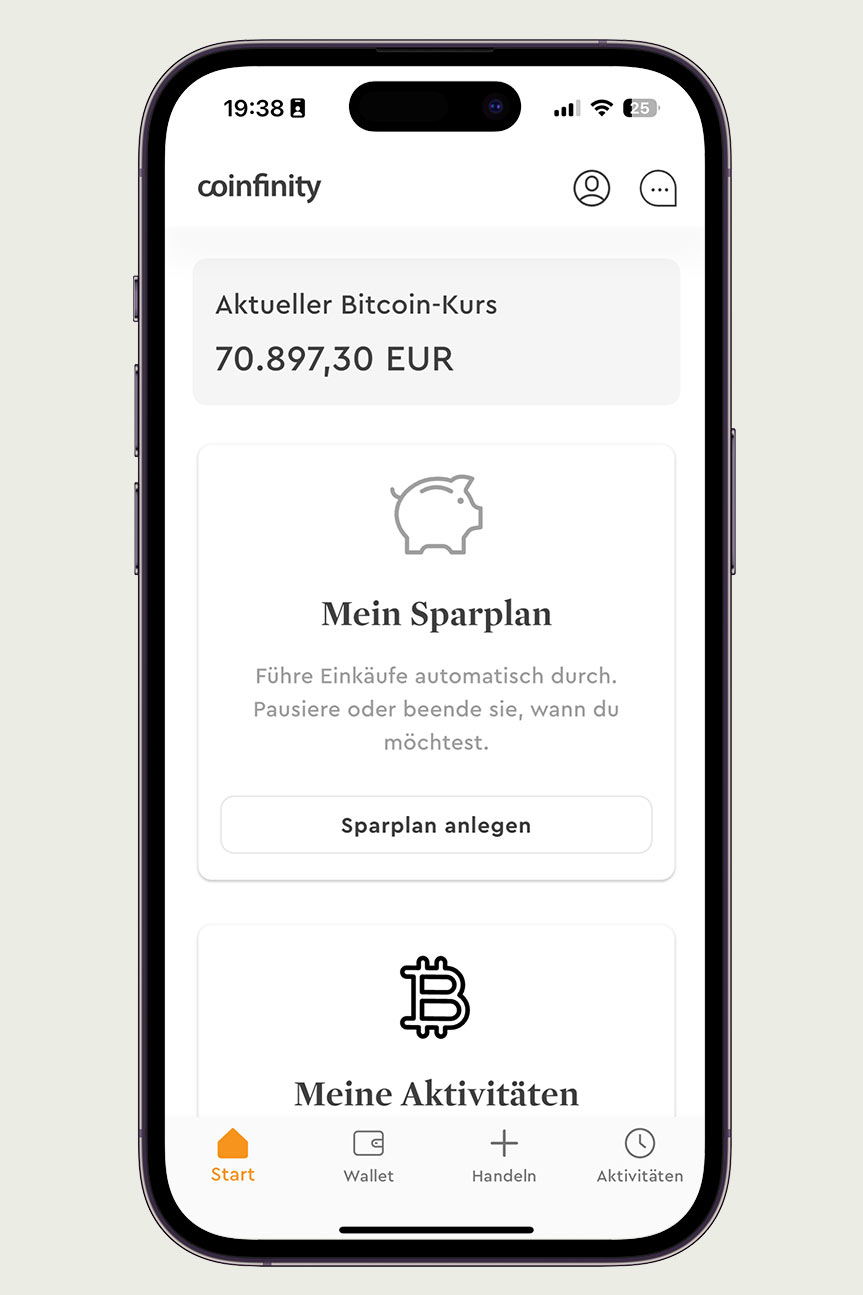 Bitcoin confinity App Screenshot Hauptseite