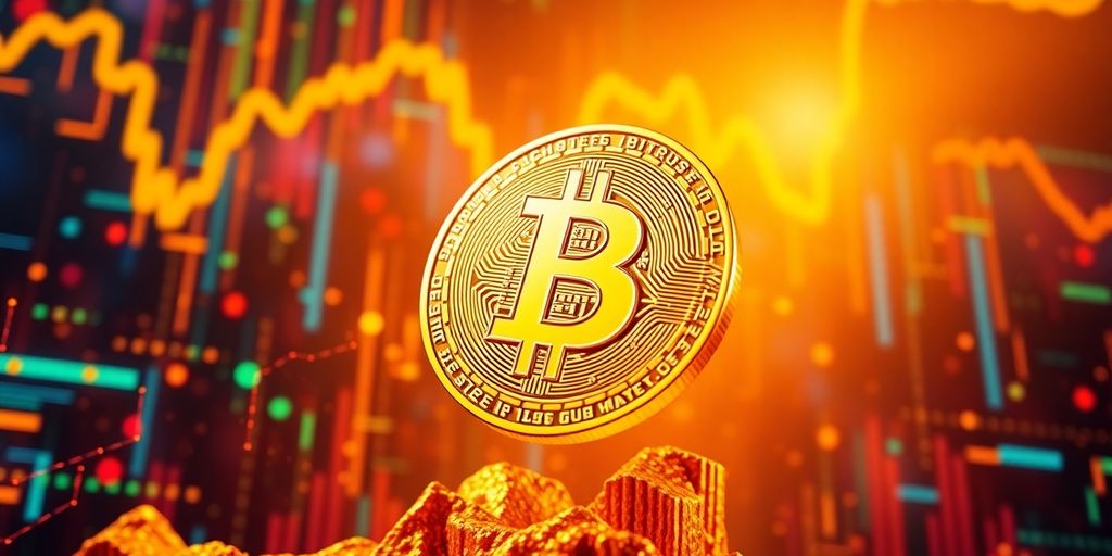 Bitcoin auf goldenem Hintergrund mit dynamischen Farben.