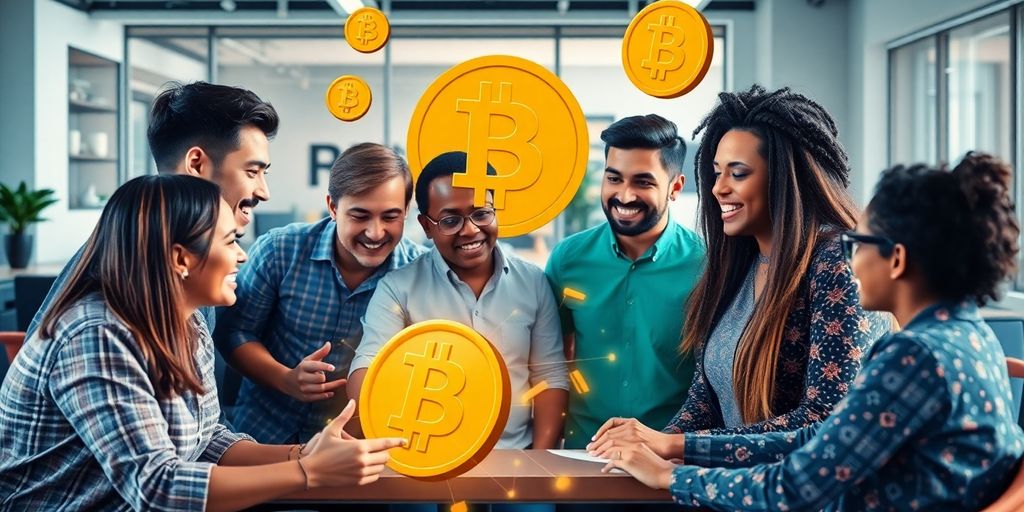 Diverse group discussing Bitcoin in a modern workspace.