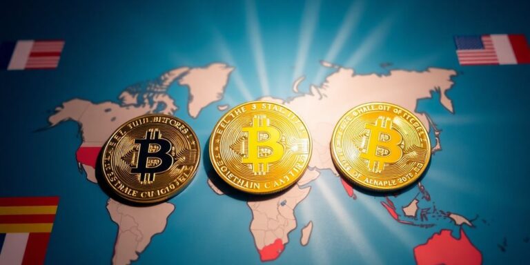 Bitcoin-Münzen, Flaggen, globale Debatte