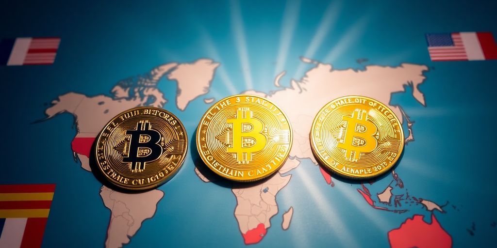 Bitcoin-Münzen, Flaggen, globale Debatte