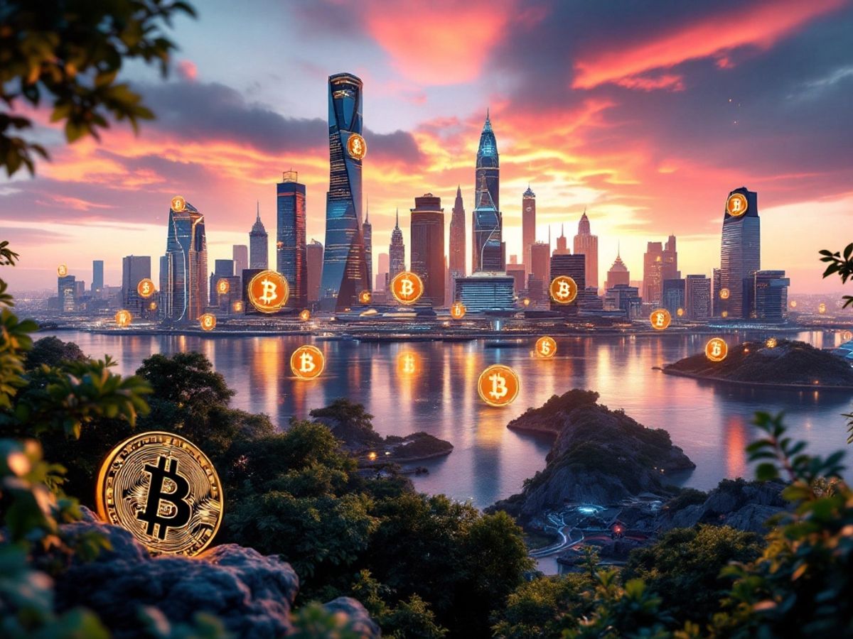 Futuristische Stadt mit Bitcoin-Symbolen und Technologie.