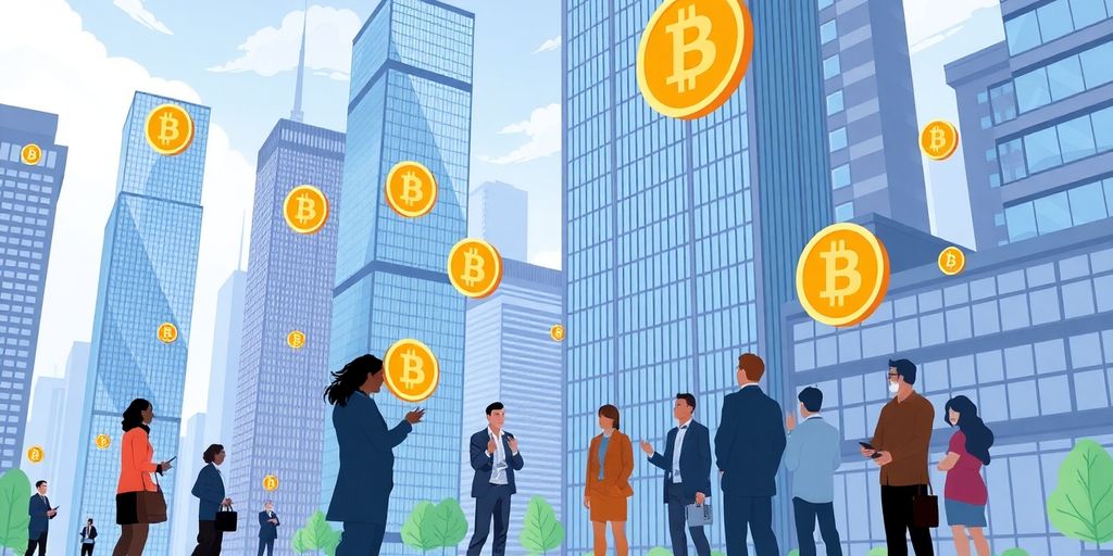 Bitcoin-Symbole in einer modernen Finanzlandschaft.