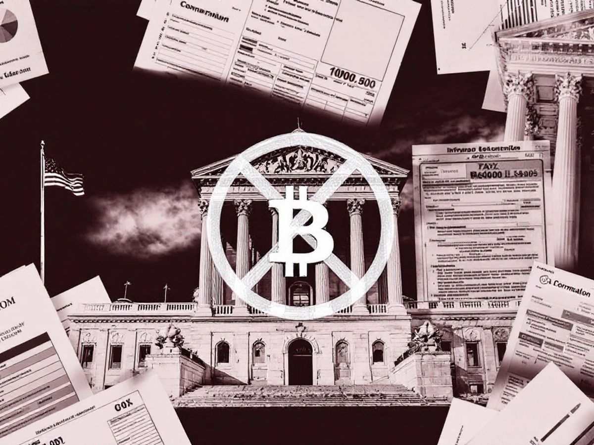 Regierungsgebäude mit durchgestrichenem Bitcoin-Symbol und Steuerdokumenten.