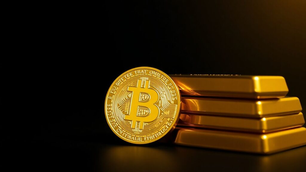 Goldener Bitcoin neben Goldbarren, Wertsteigerungspotenzial.