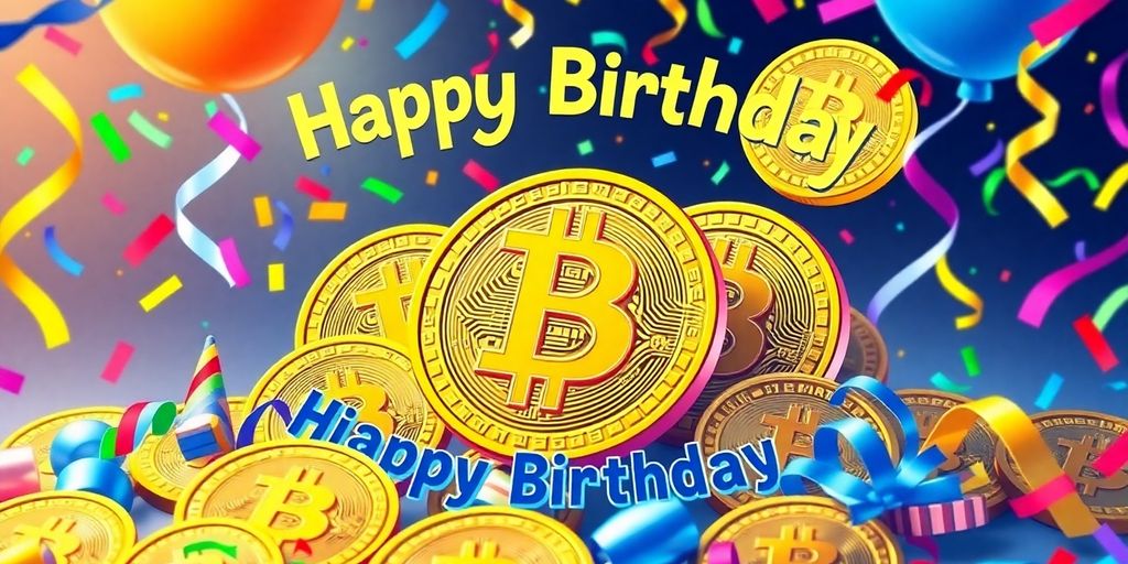 Bitcoin-Münzen umgeben von festlichen Dekorationen und Konfetti.