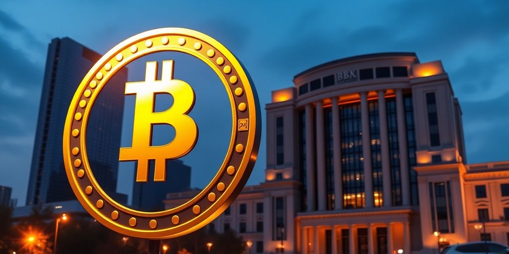 Bitcoin-Symbol neben Bankgebäuden.