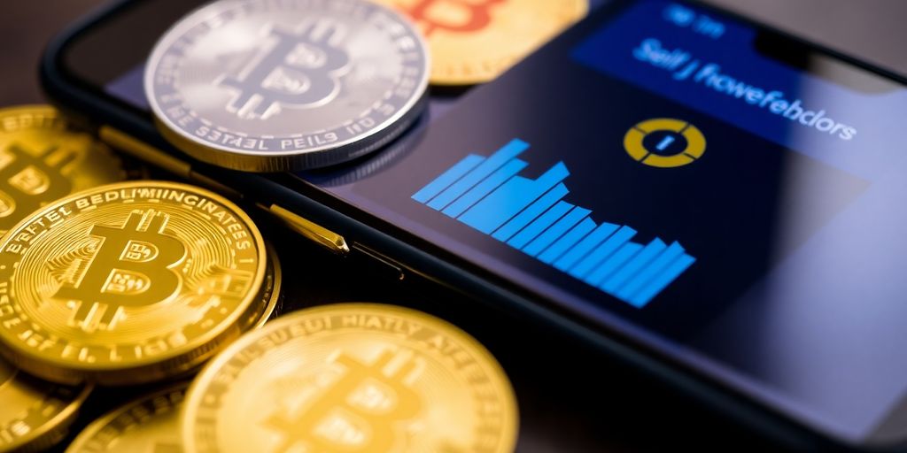 Digital wallet with Bitcoin coins on a smartphone.