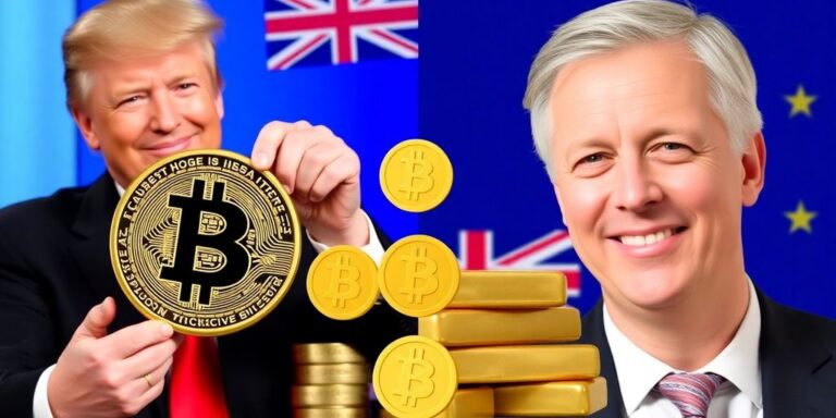 Trump, Farage, Bitcoin-Münzen, Goldbarren, Flaggen