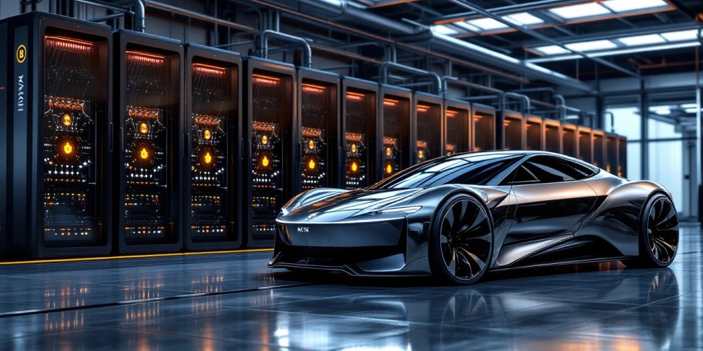 Futuristisches E-Auto neben Bitcoin-Mining-Geräten.