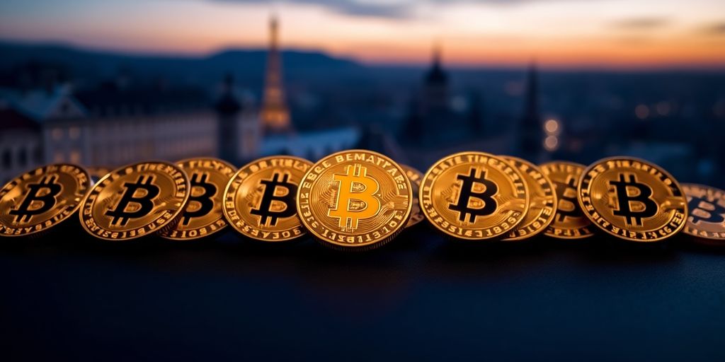 Bitcoin-Münzen vor einer europäischen Skyline.