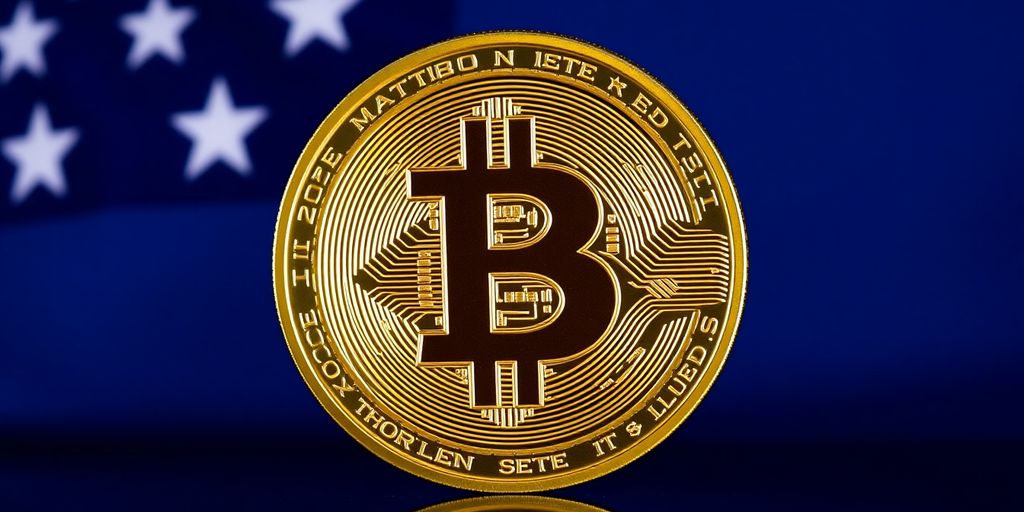 Nahaufnahme einer Bitcoin-Münze vor der US-Flagge.