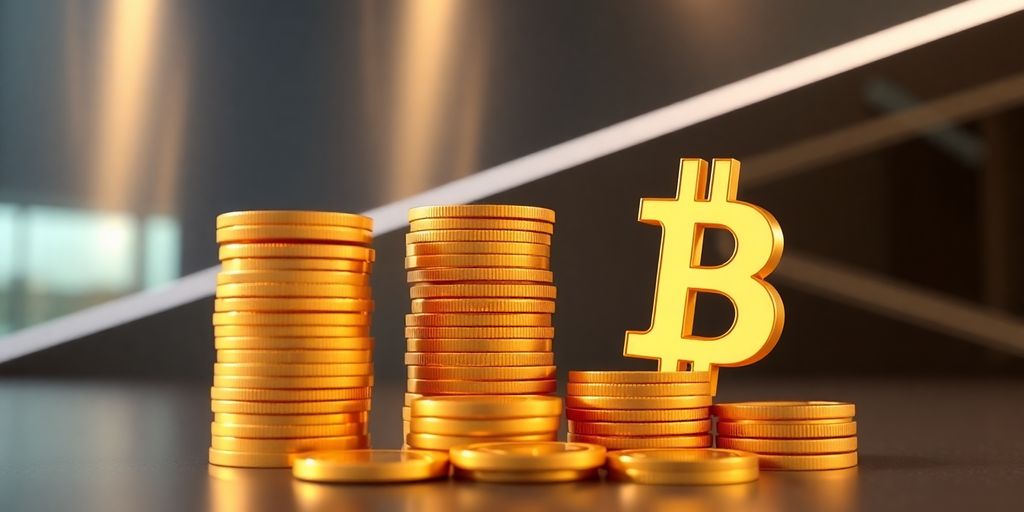 Bitcoin-Symbol neben goldenen Münzen auf modernem Hintergrund.
