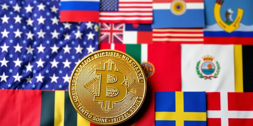 Amerikanische und staatliche Flaggen mit Bitcoin.