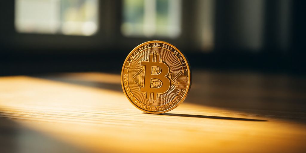 Close-up of a Bitcoin coin on a wooden surface.