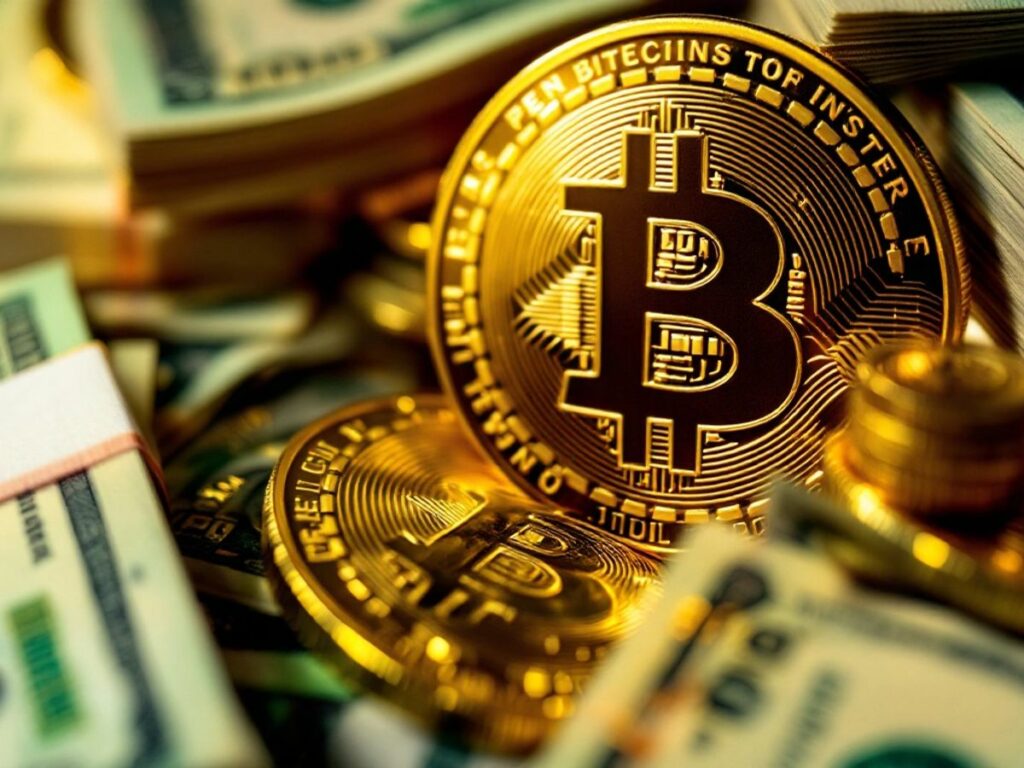 Nahaufnahme einer Bitcoin-Münze mit Geldscheinen.