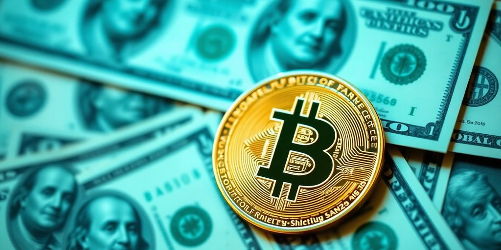 Bitcoin-Münze vor US-Dollar-Scheinen, Finanzwandel darstellen.