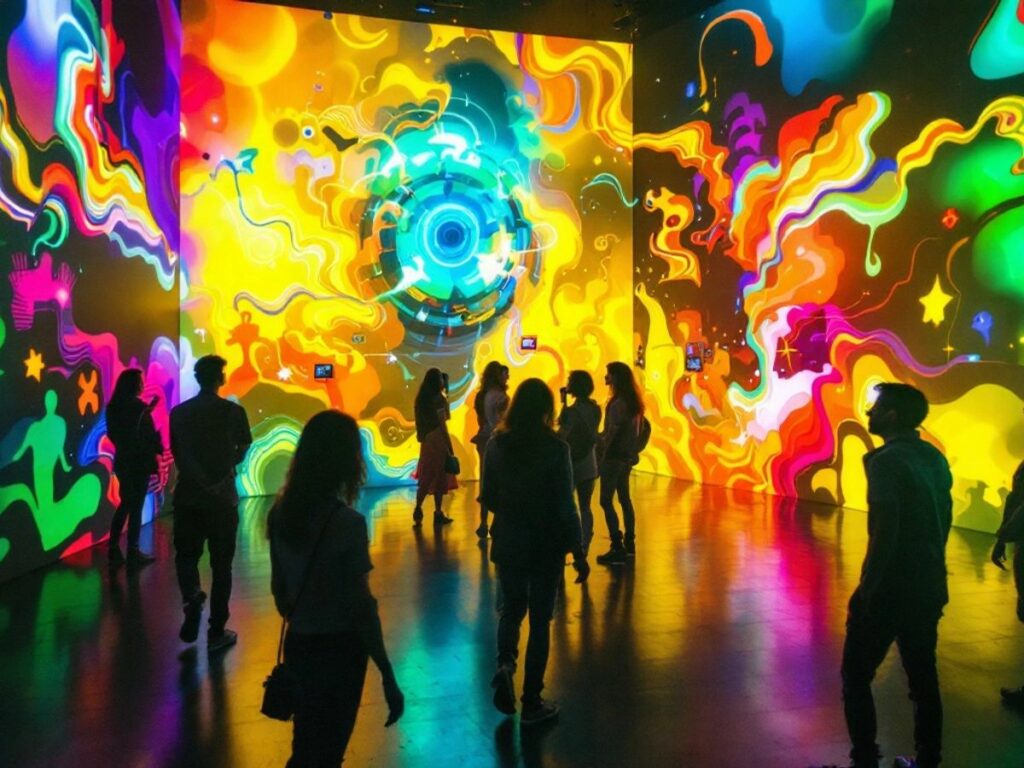 Kunstinstallation mit lebendigen Farben und digitalen Elementen.