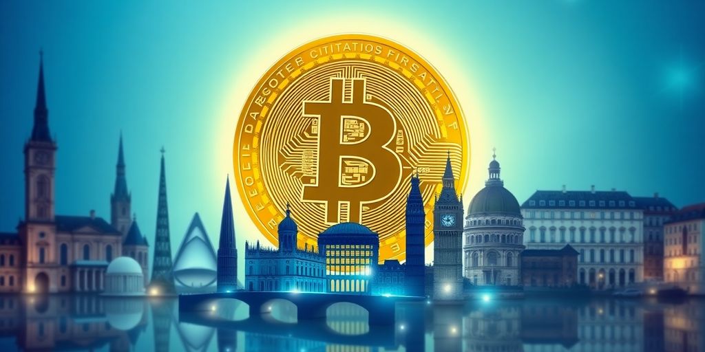 Bitcoin-Münze vor europäischen Wahrzeichen mit digitalem Glanz.