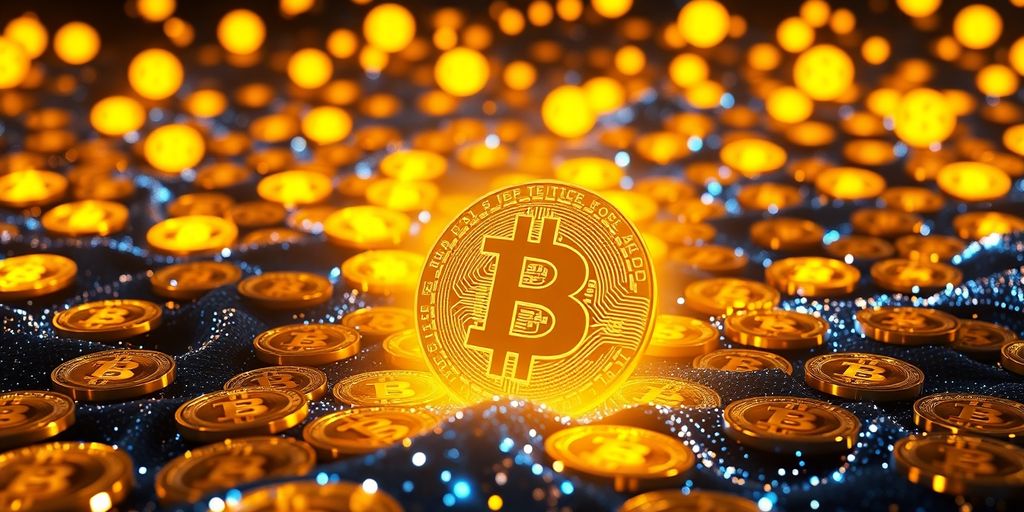 Bitcoin-Münzen in digitaler Landschaft, 11.774 Stück.