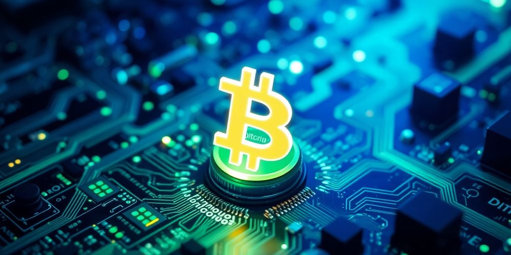 Leuchtende Bitcoin-Symbole inmitten von Computerschaltkreisen.