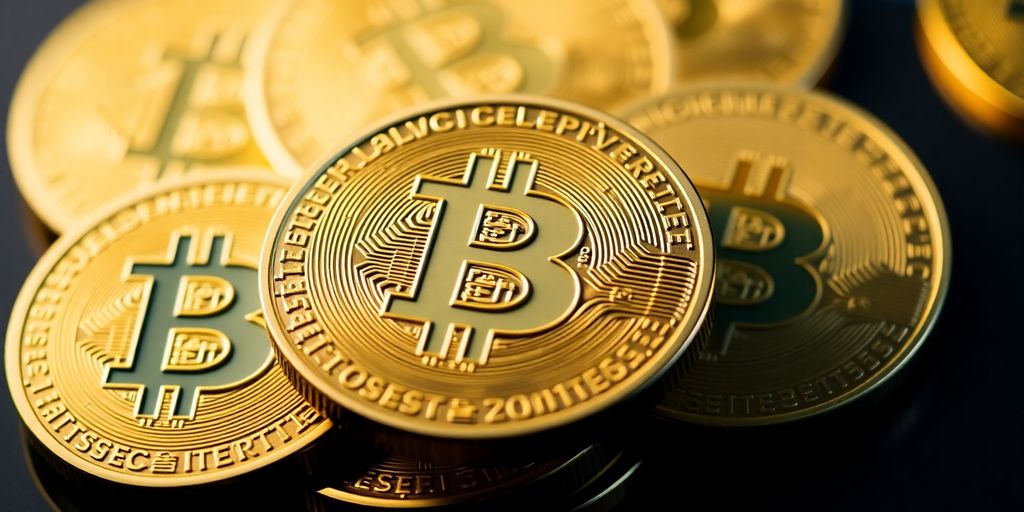 Nahaufnahme gestapelter Bitcoin-Münzen mit unscharfem Hintergrund.