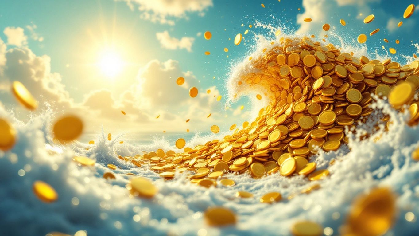 Welle aus Goldmünzen am Strand.