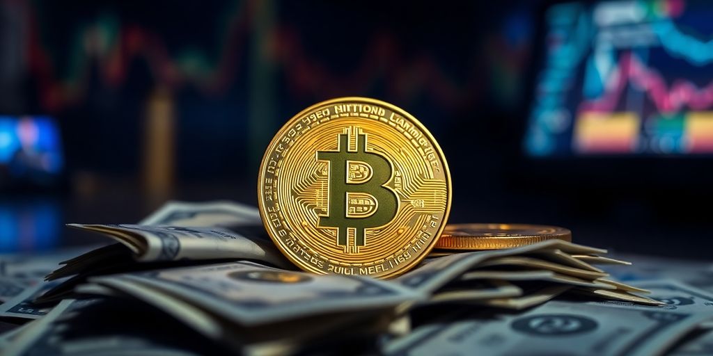 Nahaufnahme einer Bitcoin-Münze auf Geldscheinen.